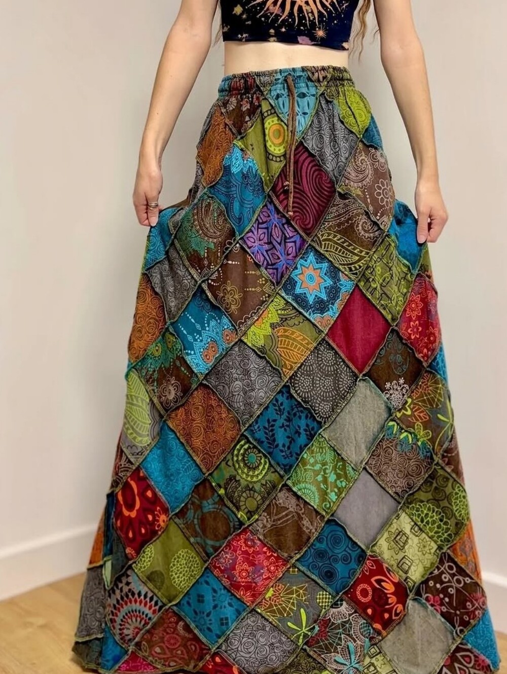 Earthbound Patchwork Witchy Multicolor Maxi Skirt Retro Boho 100% Cotton Size M